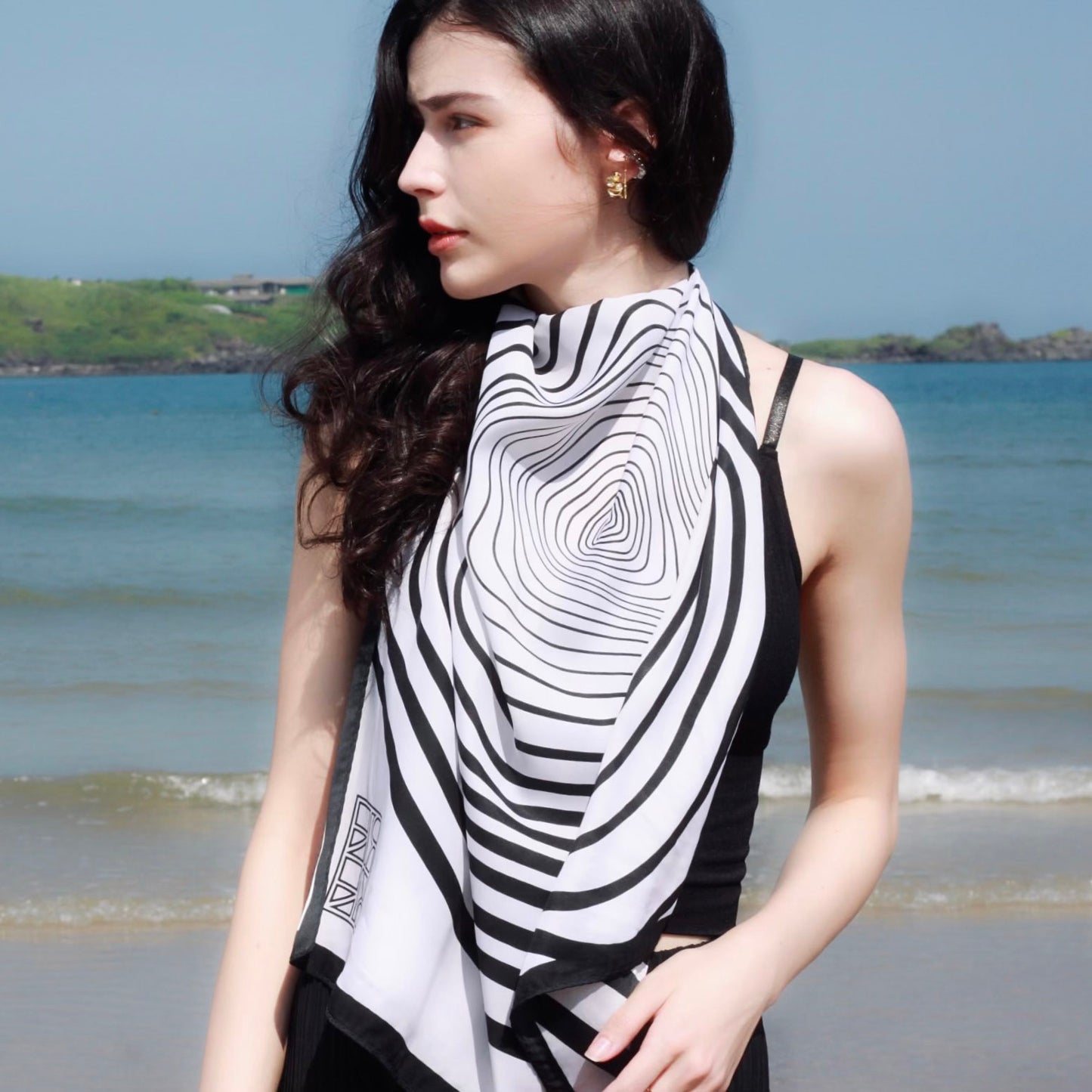 Black Ripple Satin Silk Scarf 黑色無盡漣漪絲巾
