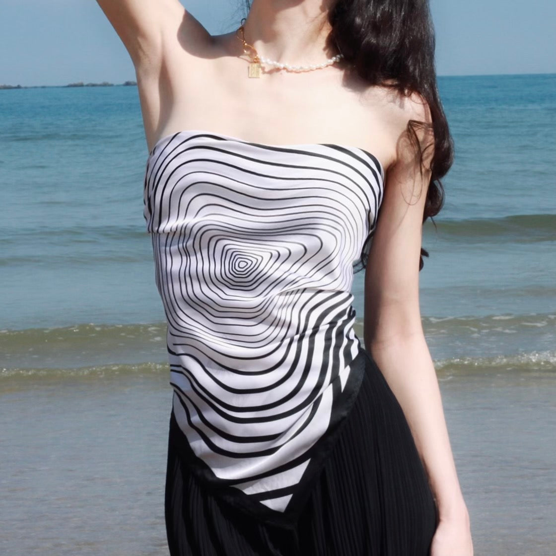 Black Ripple Satin Silk Scarf 黑色無盡漣漪絲巾