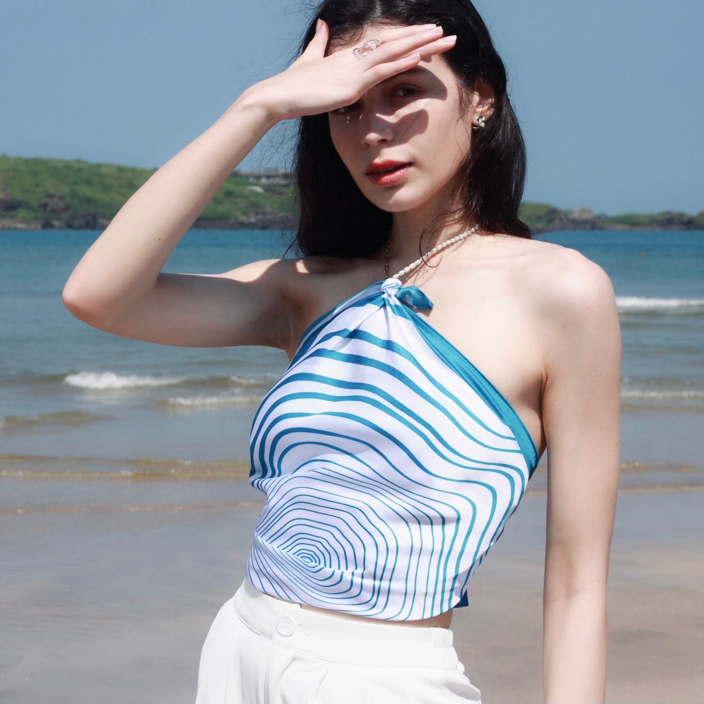 Blue Ripple Satin Silk Scarf 藍色無盡漣漪絲巾