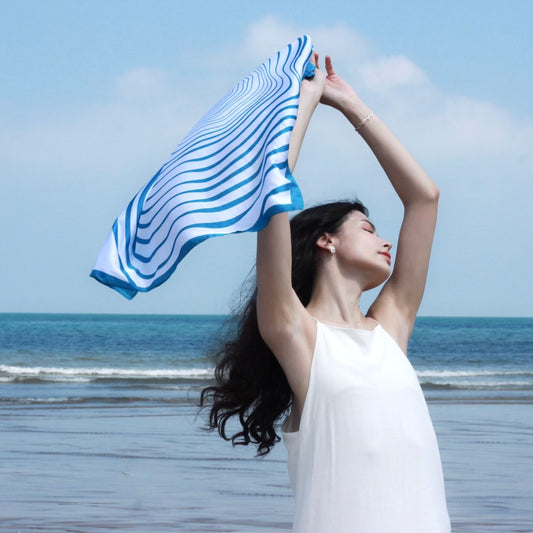 Blue Ripple Satin Silk Scarf 藍色無盡漣漪絲巾