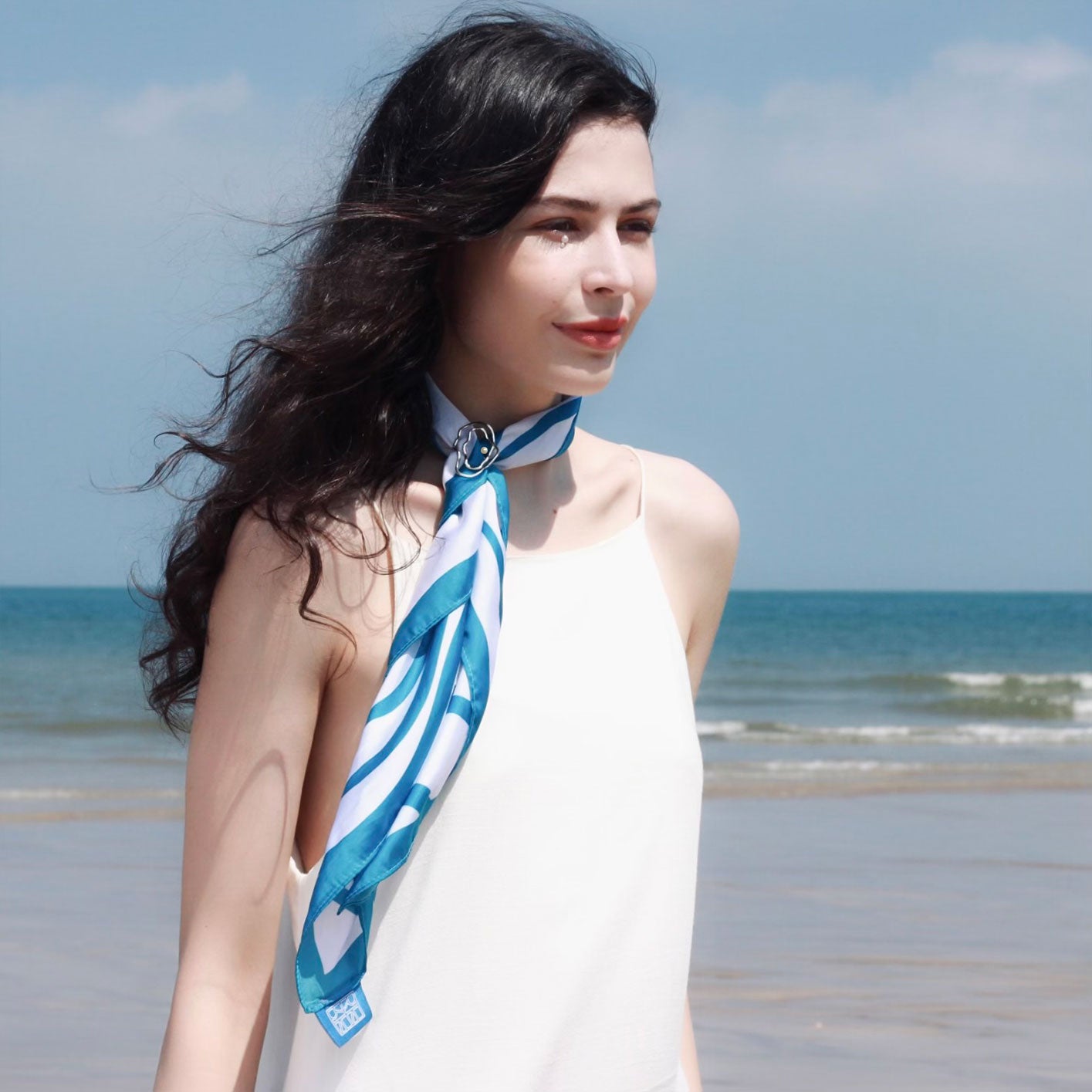Blue Ripple Satin Silk Scarf 藍色無盡漣漪絲巾